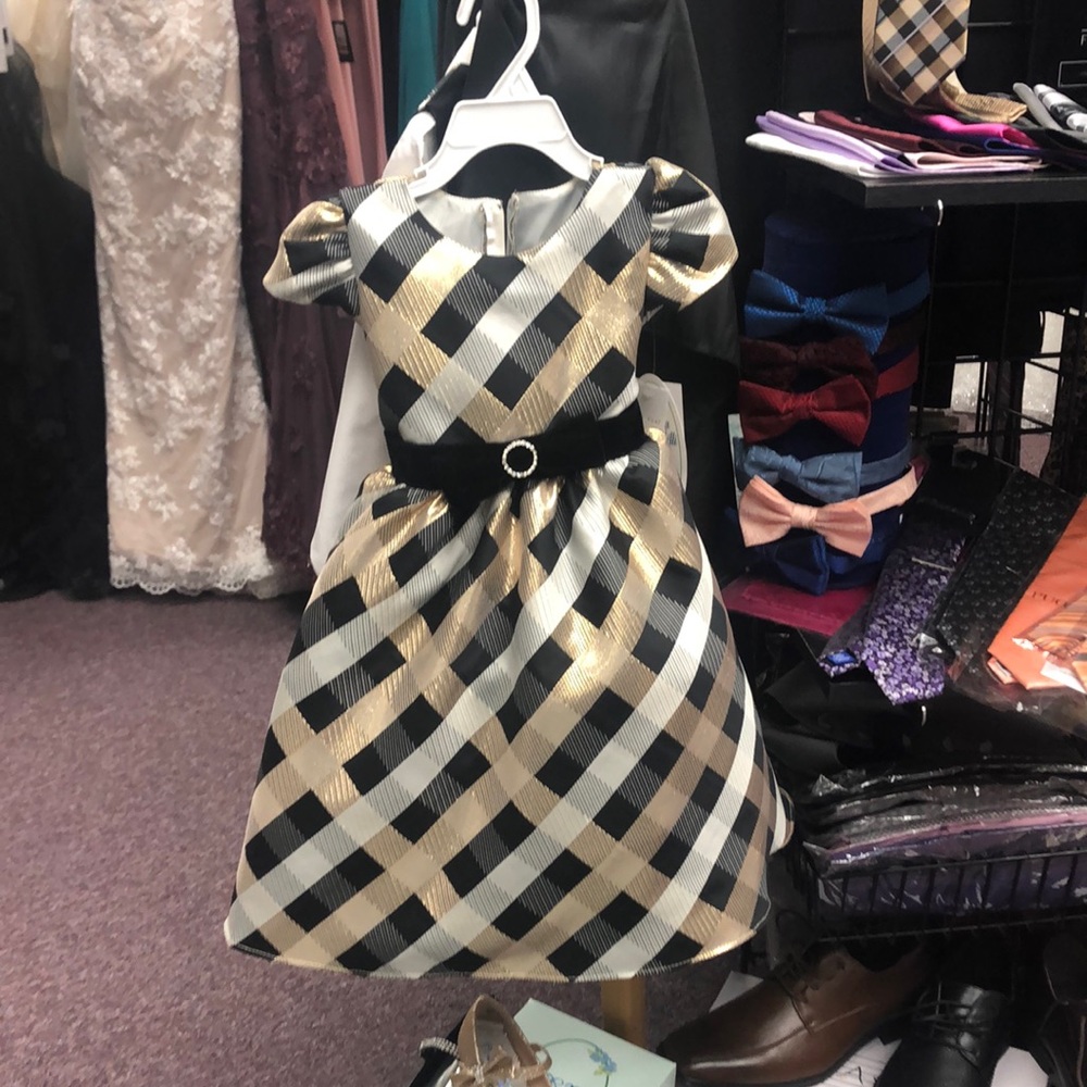 Girls Black Gold Metallic Check Holiday Dress